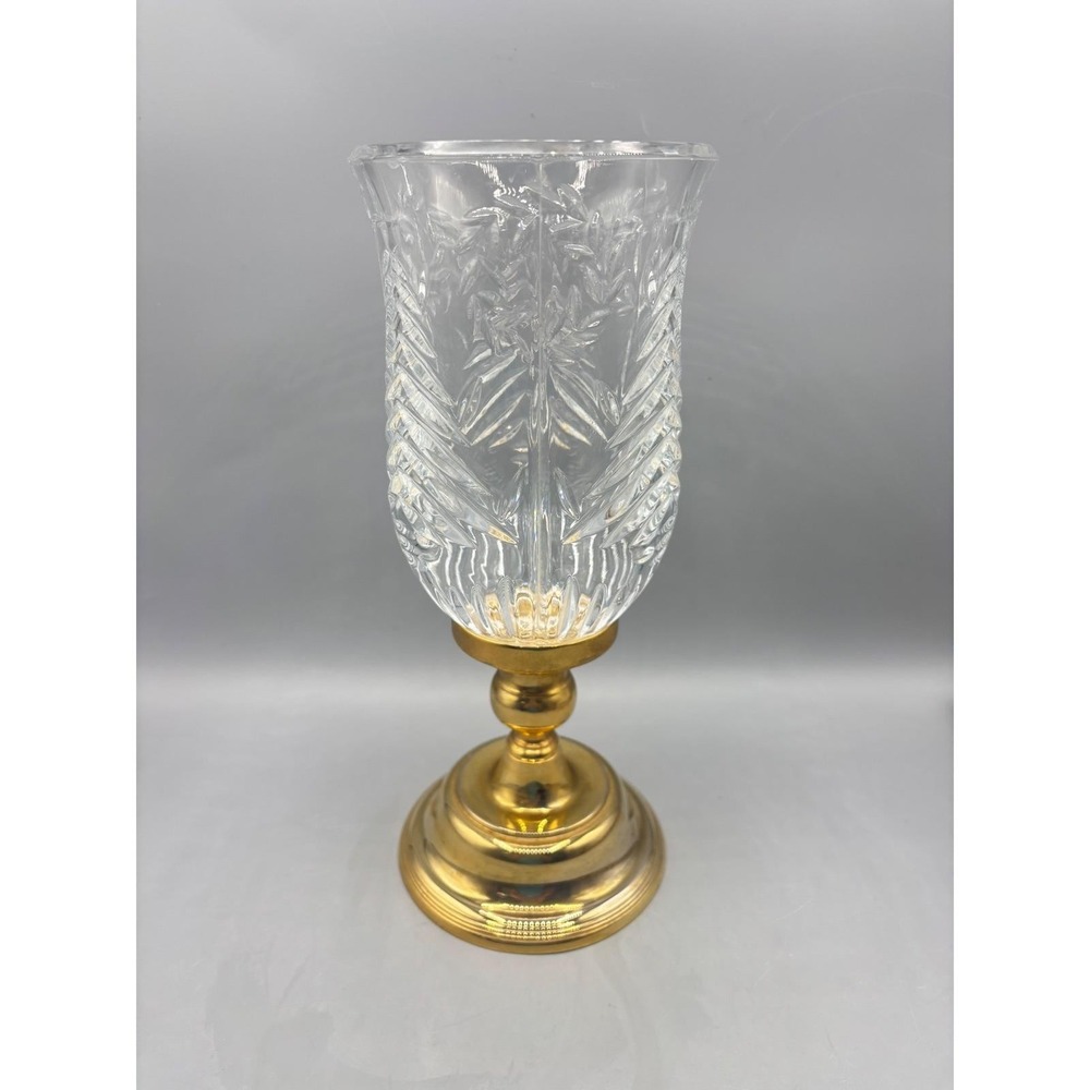 Vtg Crystal Christmas Tree Hurricane Lamp Brass Candle Holder